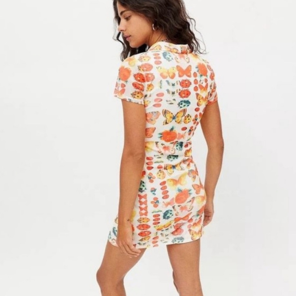 SOLD Urban Outfitters Butterfly Insect Print Mesh Ruched Mini Dress Size XS